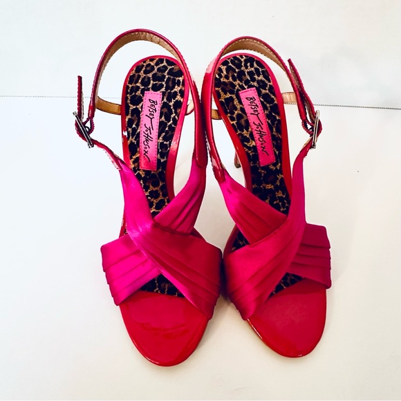 Betsey Johnson Satin Fuschia w Leopard Print Footbed Stiletto Heel Sandal Size 6 - Picture 2 of 16